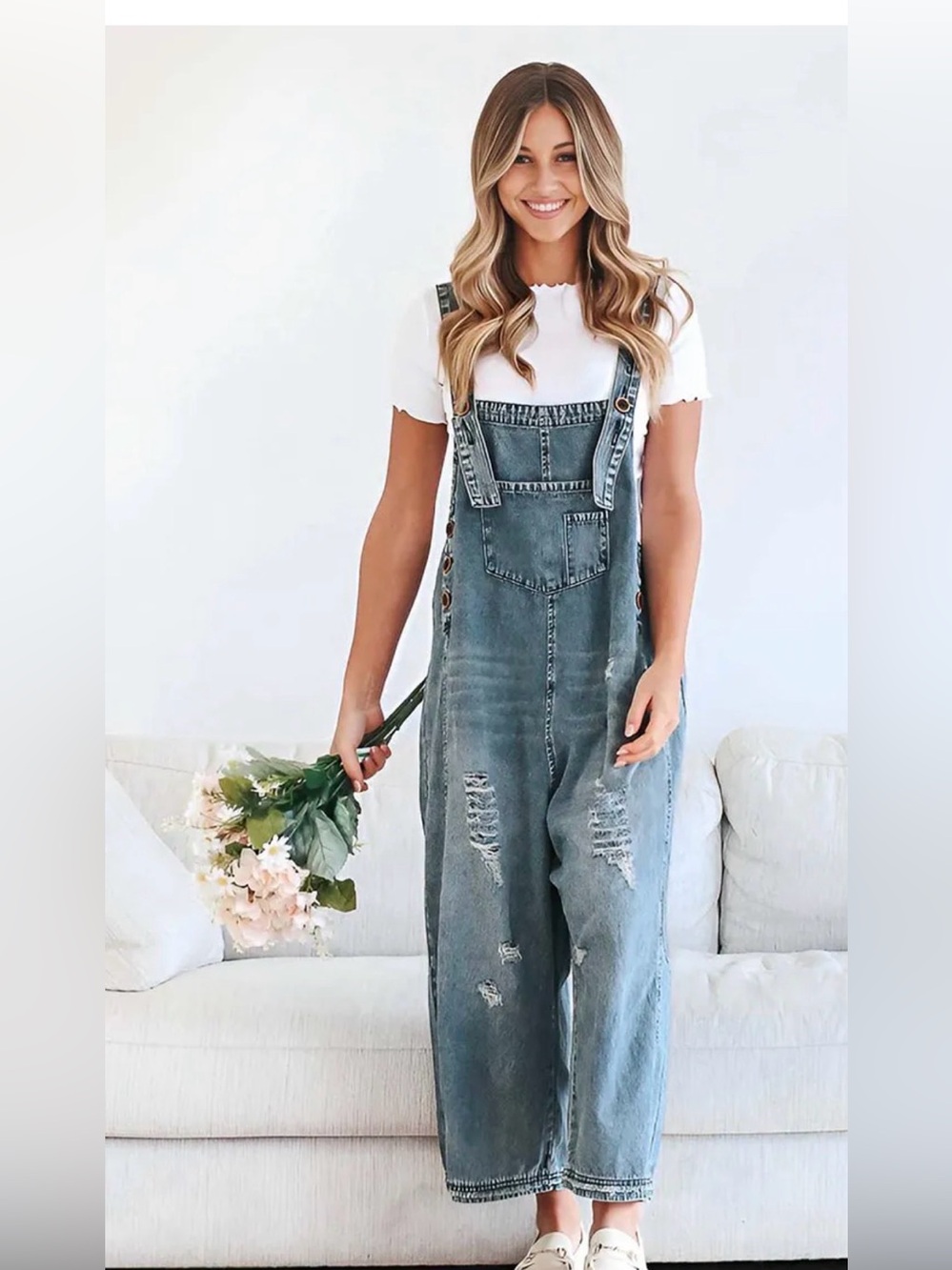 🔘Relaxed Distressed Denim Overalls in Light Blue for Women